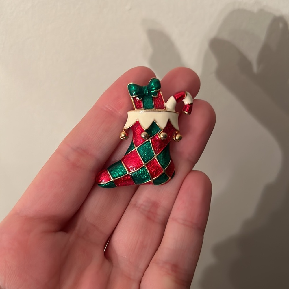 Vintage Christmas Stocking Pin Brooch Broach Women Jewelry Gold